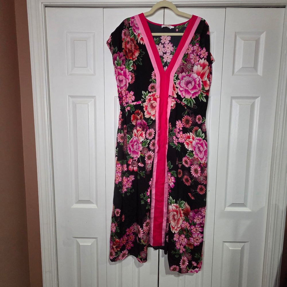 Johnny Was Blum Kaftan 1X Black Pink Floral Rayon V-Neck Midi Dress Excellent